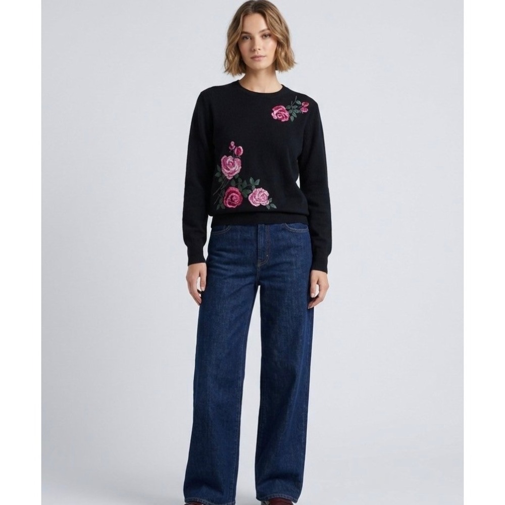 Lord & Taylor Cashmere Sweater Womens Medium Black Rose Floral Embroidered Knit